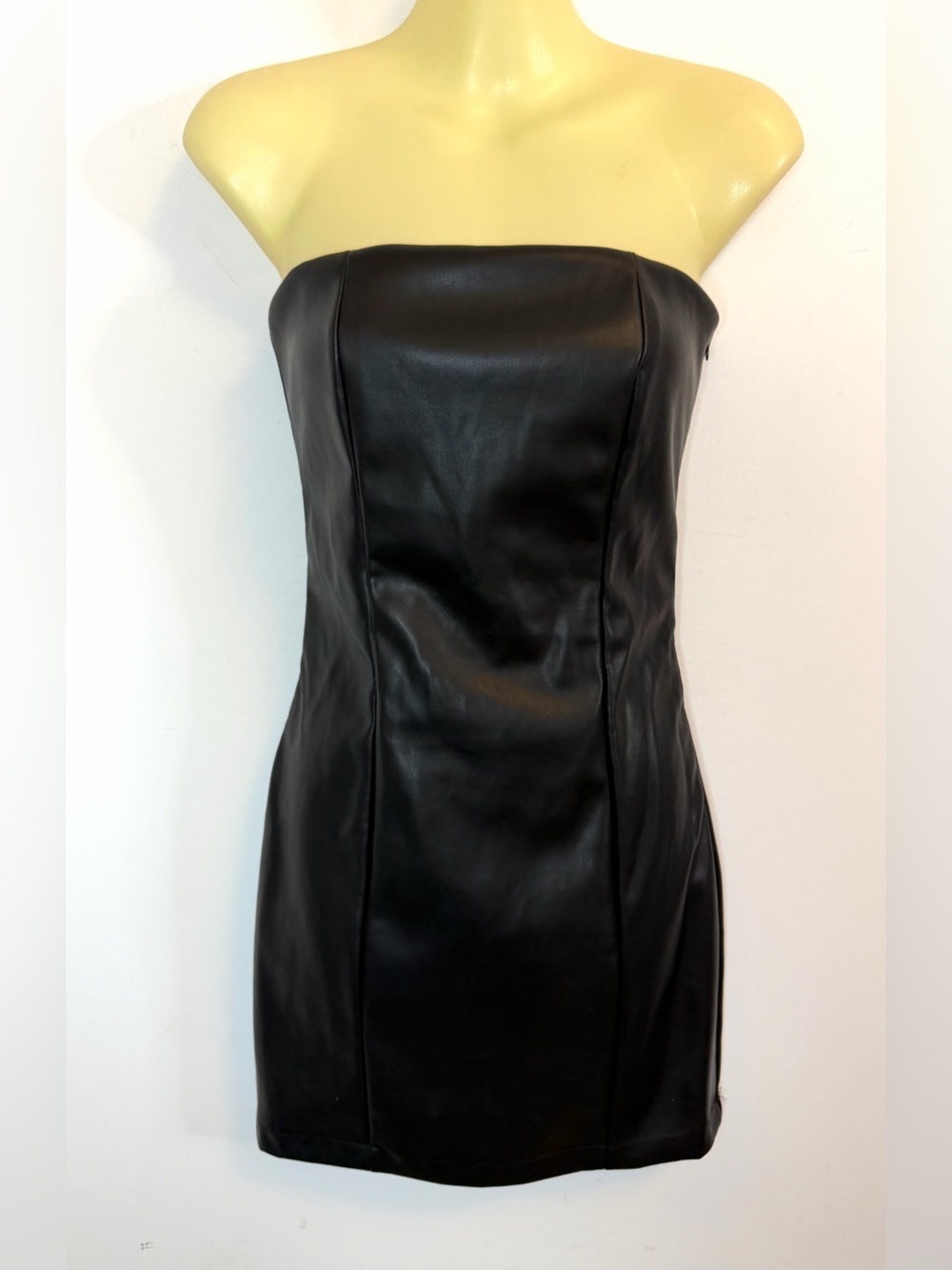 Strapless Black Faux Leather Mini Dress